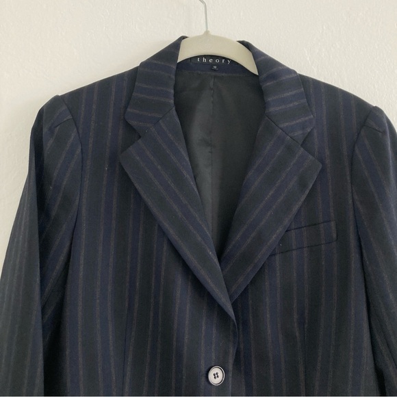 Theory Wool Pinstripe Blazer Black Workwear Preppy Minimalist Office Size 10 - Picture 2 of 14